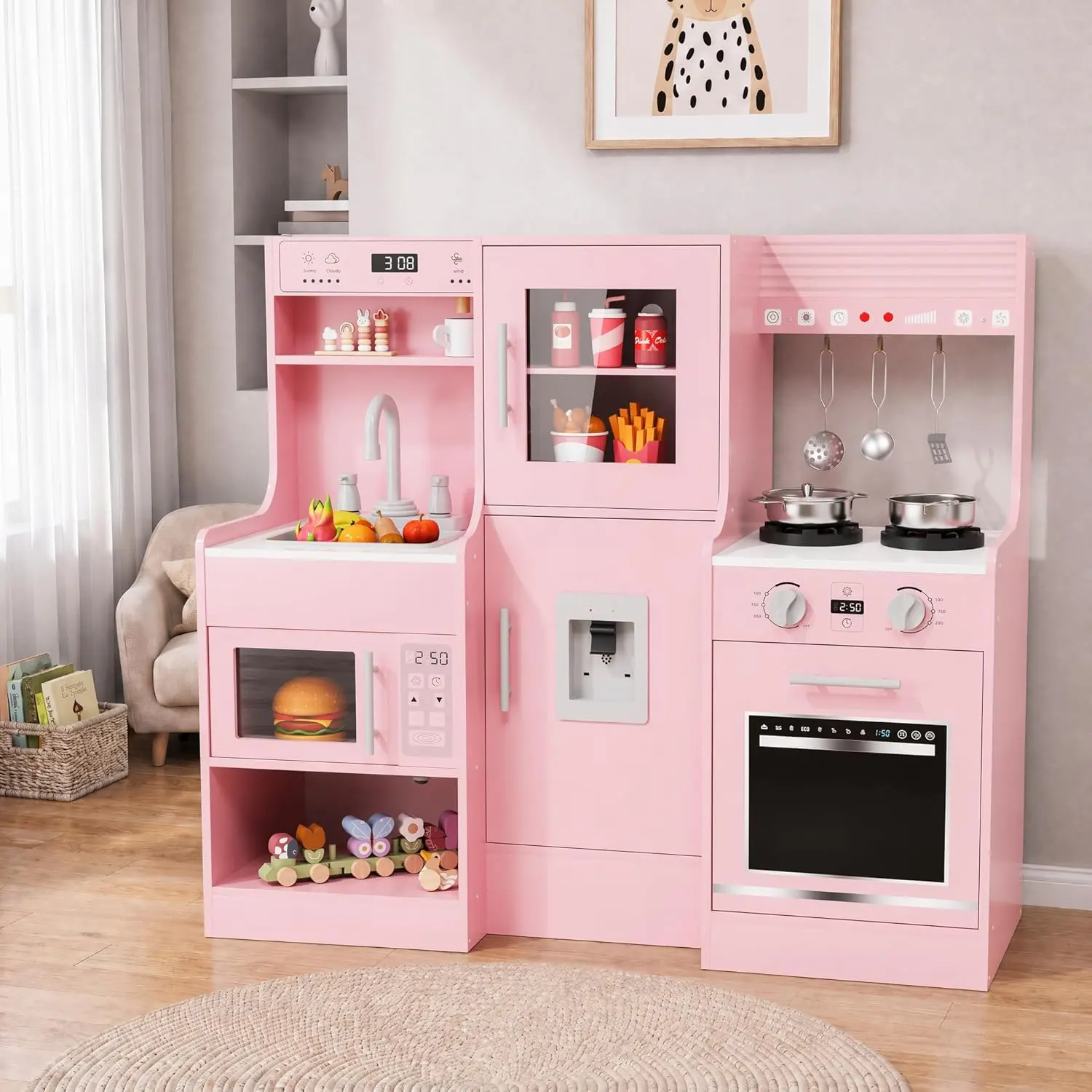 MAMIZO Wooden Play Kitchen for Kids, Toy Kitchen Sets With 6-piece Kitchenware, Toddler Large Interactive Realistic Water Dispenser & Hood with Lights & Sounds, Sink & Stove Microwave Gift for Children Ages 3+