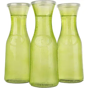 Kook Glass Carafe Pitchers, Beverage Dispensers, 35oz, Set of 3, Clear Jugs for Mimosas, Water, Wine, Milk and Juice, with Plastic Lids, (Lime Green)