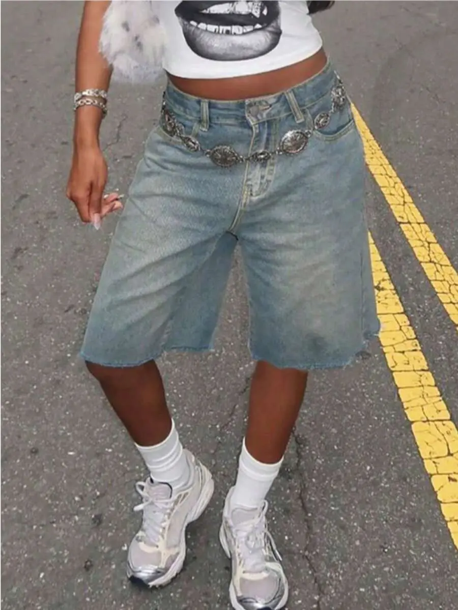 KOOZ Women Mid Waist Non-Stretch Denim Bermuda Shorts, Raw Hem Loose Fit Casual Jean Shorts For Street Style