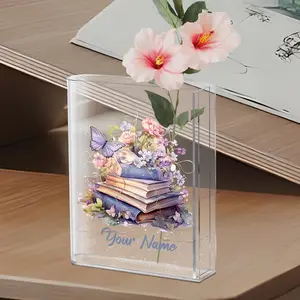 Customizable Name Book Vase - Acrylic Transparent Vase, Personalized Cute Book Vase, Gift for Book Lovers, Dreamy Fairy Tale Book Stack with Flowers and Butterflies, Modern Decorative Vase, Suitable for Home, Office, Bedroom, Living Room, Dining Table