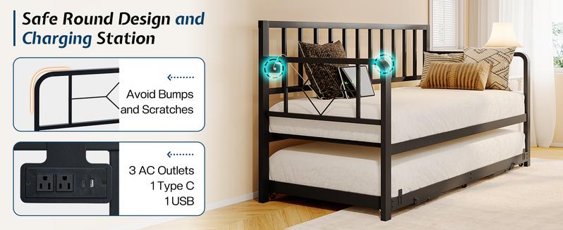 AMERLIFE Twin Daybed with Charging Station and LED Lights, Versatile Bed Frame with Steel Slats Support, Daybed with Trundle for Living Room, Bedroom, Guest Room, Black/Best Gift Ideas/Christmas Gifts