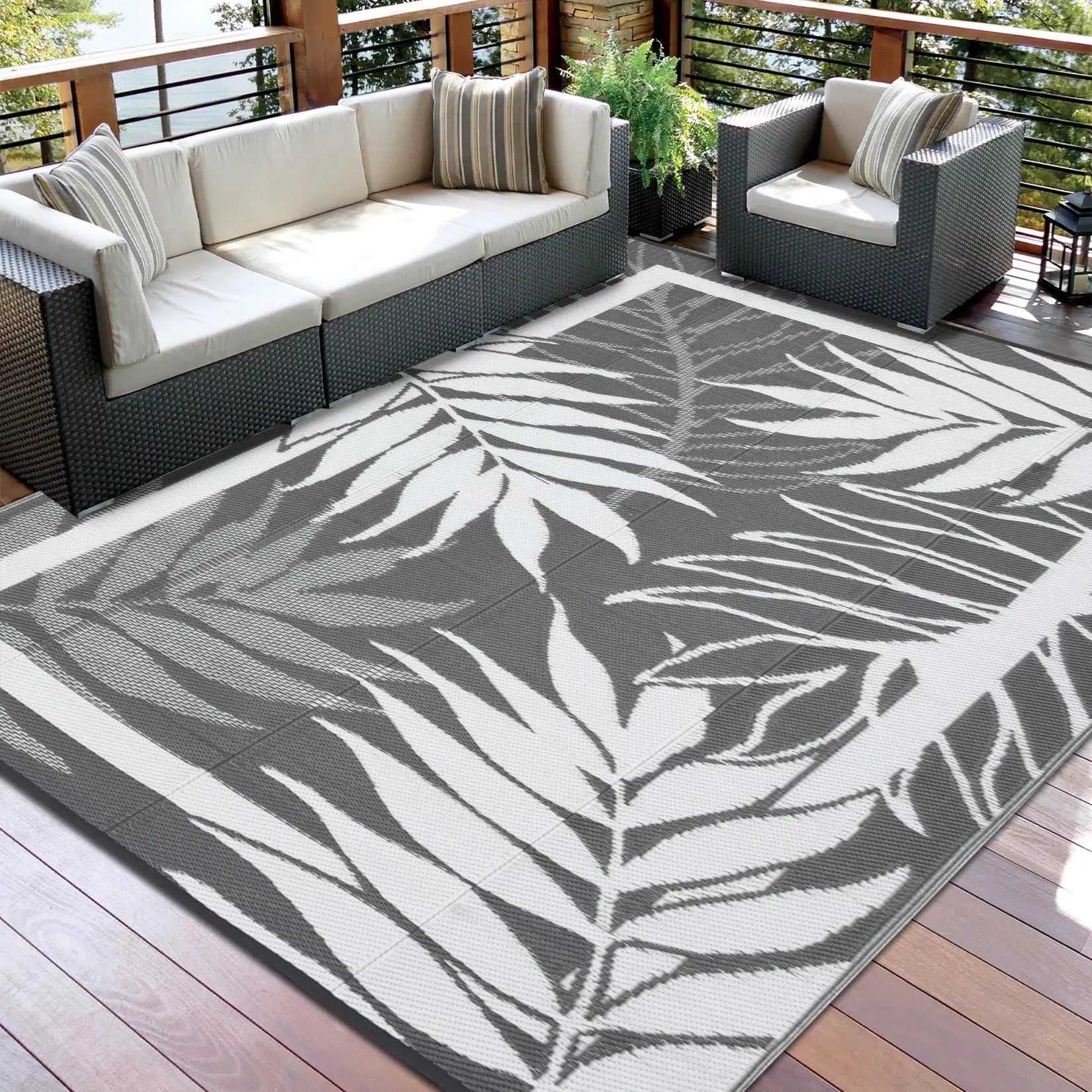 Outdoor Rug for Patio Clearance, Waterproof Carpet for Hallway & Poolside - All-Weather Heavy Duty Mat for High Traffic Walkway, Deck, Porch, Commercial Entryway,Grey+ White