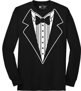 Men's Funny Tuxedo T-Shirt (Black, Long Sleeve, Bowtie Design)