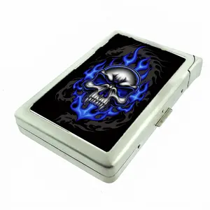Novelty Metal Wallet Case Dragon Skull Blue Flame With Built In Lighter