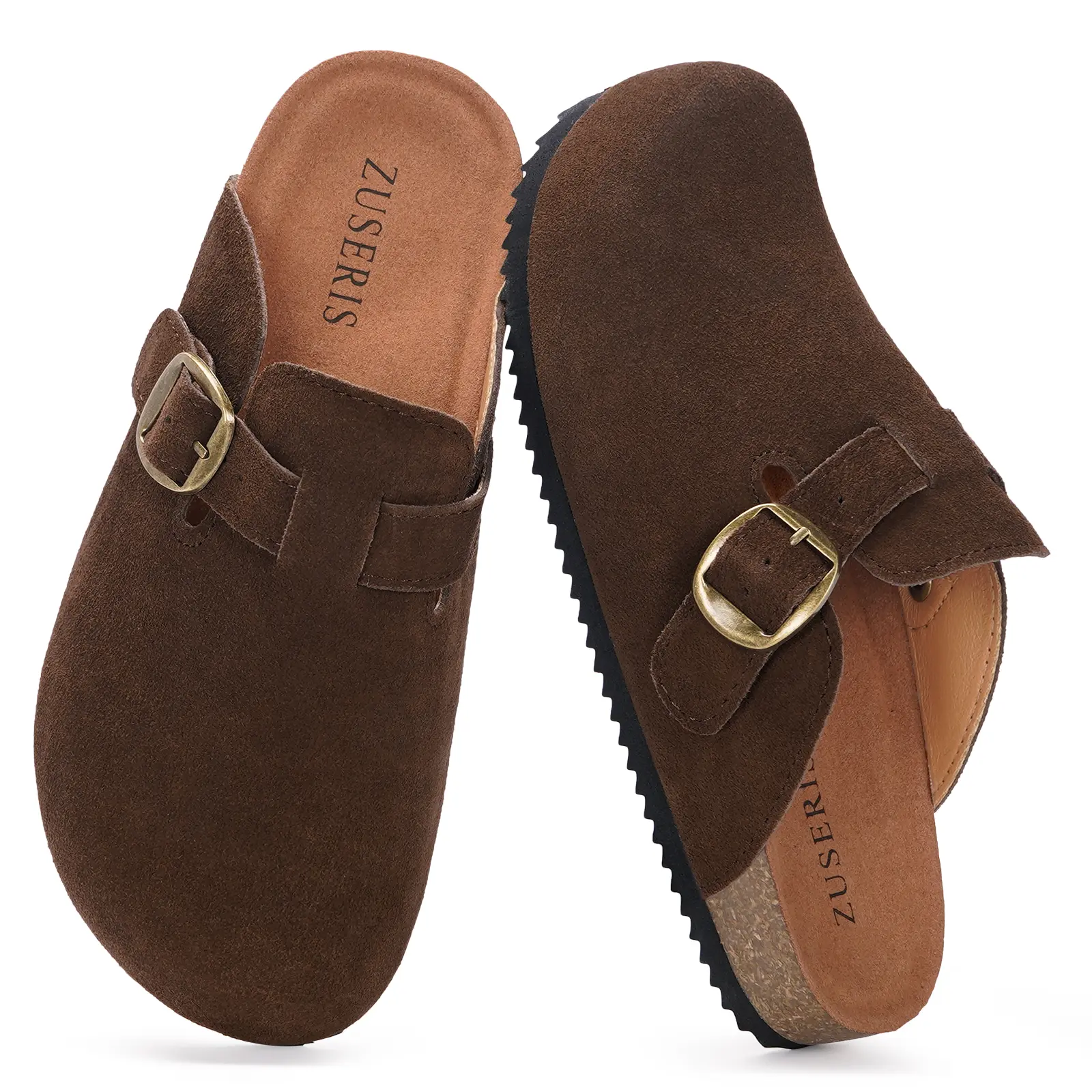 KUKTO Kids' Classic Slip-On Suede Clogs, Flat Casual Wear Shoes with Cork Footbed, Adjustable Buckles, Leather Mules for Indoor-Outdoor Use