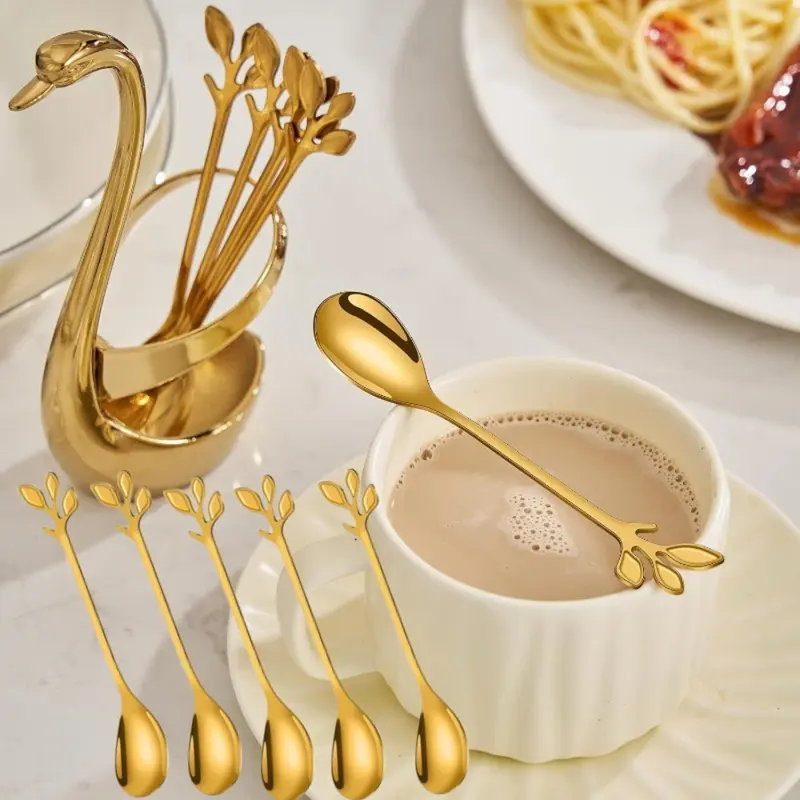 1 set gold stainless steel coffee spoon set with swan storage rack base - reusable, durable, rust proof coffee, fruit, dessert kitchen utensils - creative desktop decorative tableware, perfect for birthdays, homes, hotels, parties, Christmas decorations
