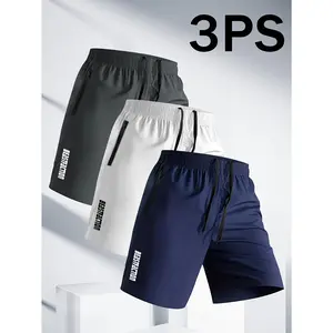 3PCS Men's Casual Simple Style Comfortable Shorts Letter Print Pocket Drawstring Quick-Dry Polyester Shorts for Summer Gym Workouts MK499346 Mesh Breathable Casual Sports Shorts summer gym workout training quick-dry comfortable short outdoor fitness wear