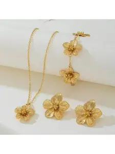 3 Piece Gold Flower Pendant Necklace Bracelet Earrings Set for Women Valentines Day Wedding Gift Daily Jewelry