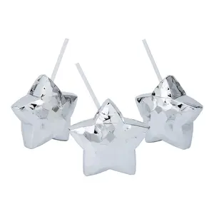 15 oz. Silver Metallic Star-Shaped Reusable Plastic Cups with Lids & Straws – 6 Ct.