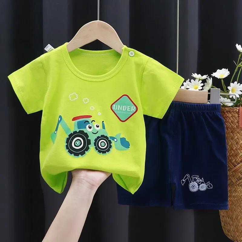 Cute Cartoon Cotton Matching Set – Soft Breathable Short Sleeve Tee & Shorts, Lightweight Summer Casual Two Piece Outfit