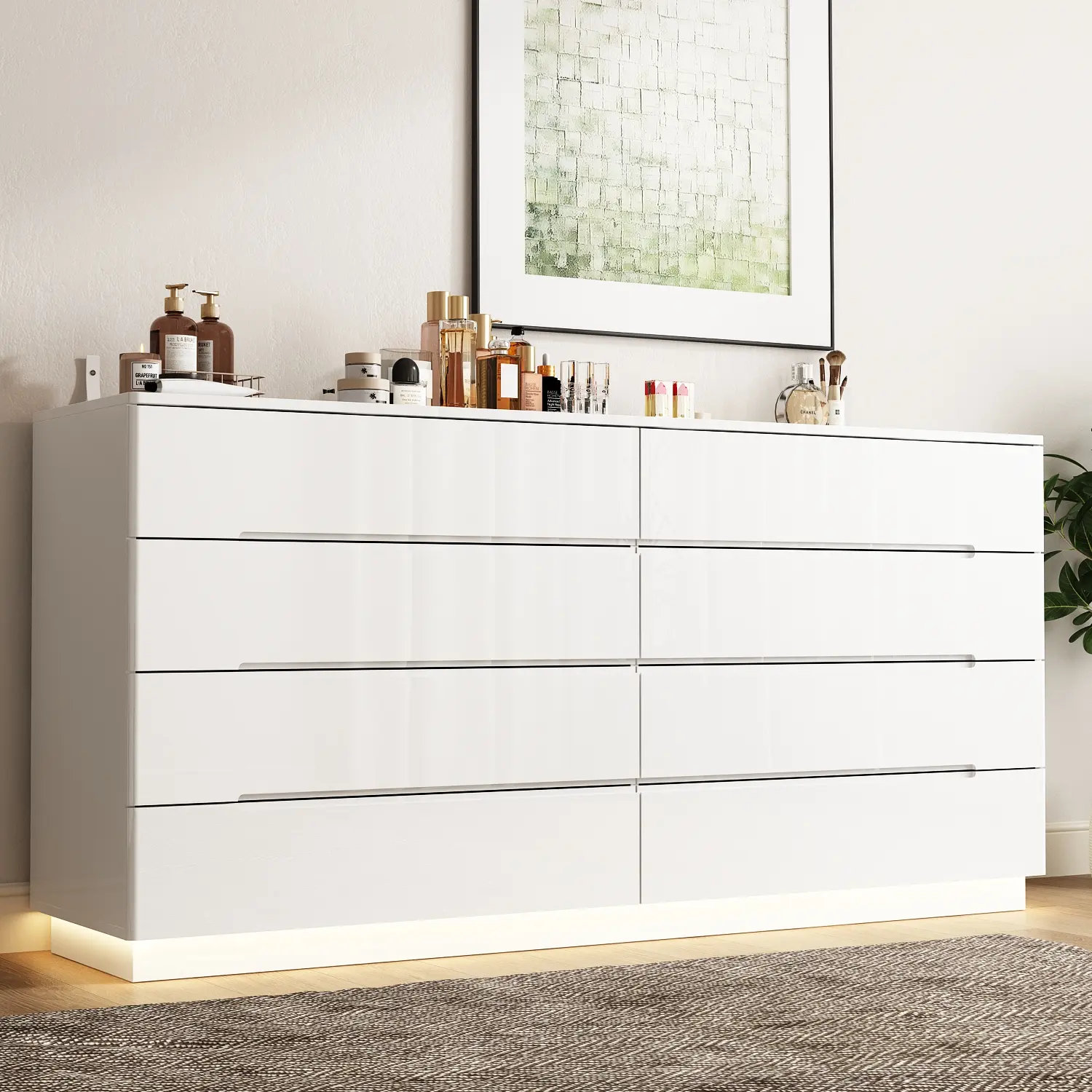 FUFU&GAGA 8-Drawer Large Storage Double Dresser with LED Light - High-Gloss Engineered Wood Dresser Chest for Bedroom, Requires Assembly, Dressers, Floating Base