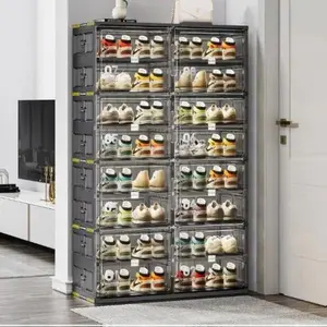 8-Layer Hard Plastic Shoe Storage Cabinet - Black, Durable & Eco-Friendly, Foldable & Stackable, Easy 3-Minute Assembly, Magnetic Doors, Multi-Purpose Organizer for Shoes, Office Supplies, Crafts, Tools Racks Smooth