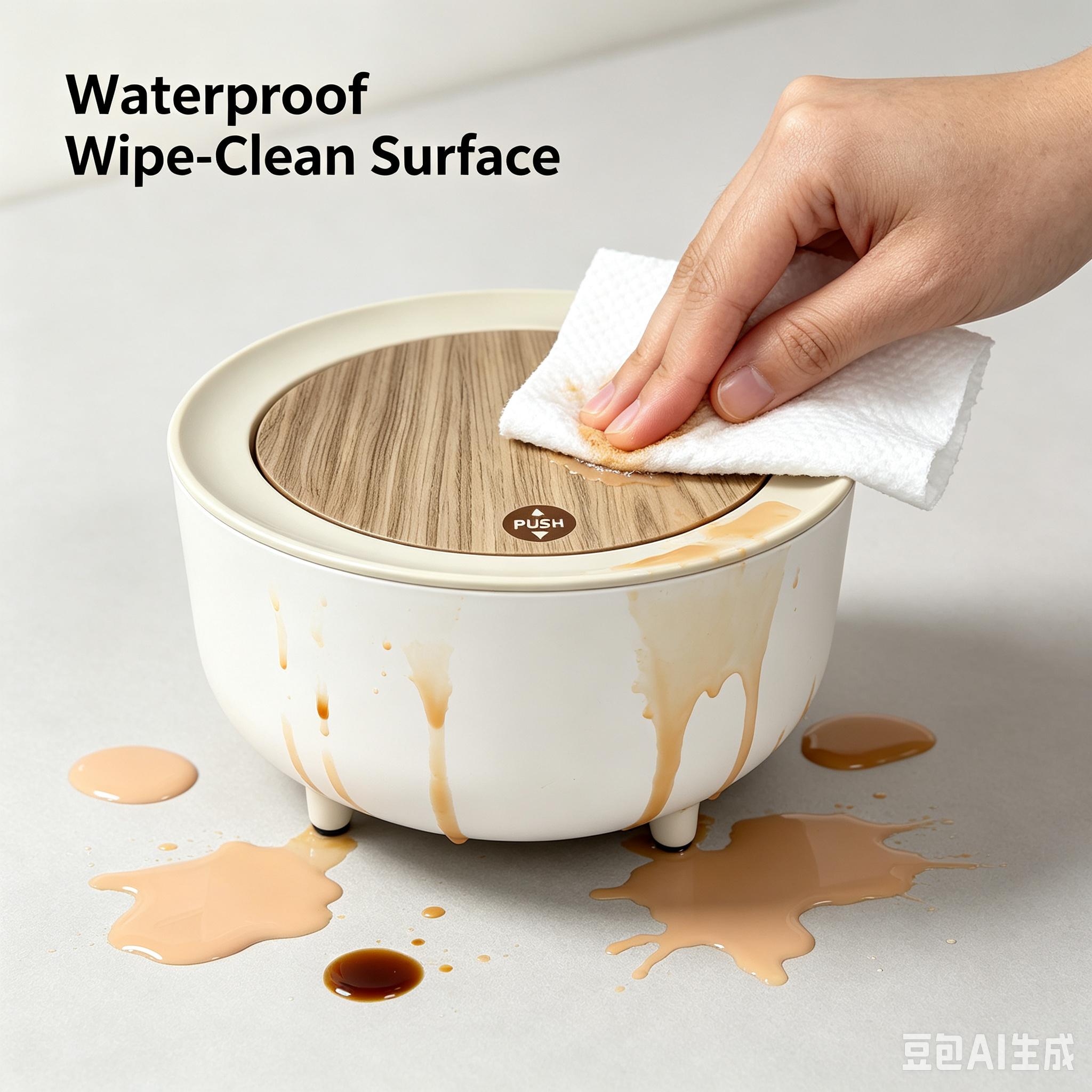 4.4L Mini Desktop Trash Can - Wood-Grain Push Lid, Round Waterproof Plastic, Single-Compartment Odor Blocking, 4 Non-Slip Feet, Desk Storage for Office Desks Small Spaces Daily Use