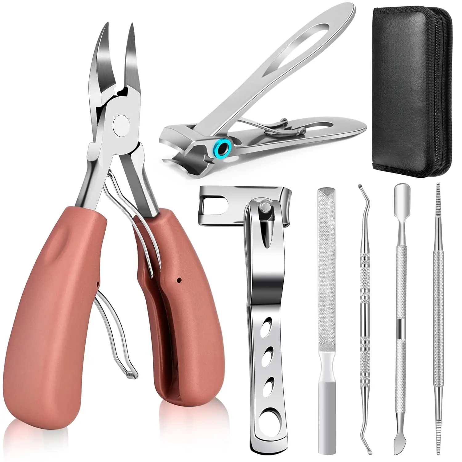 Toenail Clippers for Seniors Thick Toenails, Heavy Duty Toe Nail Clippers Adult Thick Nails Long Handle, Large Toenail Clippers for Thick Nails 7Pcs(Pink) Manicure Cutics Black