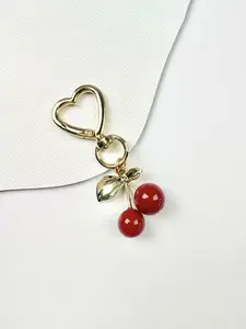 Cute Cartoon-Style Cherry Keychain with Glitter Heart Clasp, Fruit Cherry Bag Charm, Trendy Accessory for All Seasons, Heart Shaped Keychain