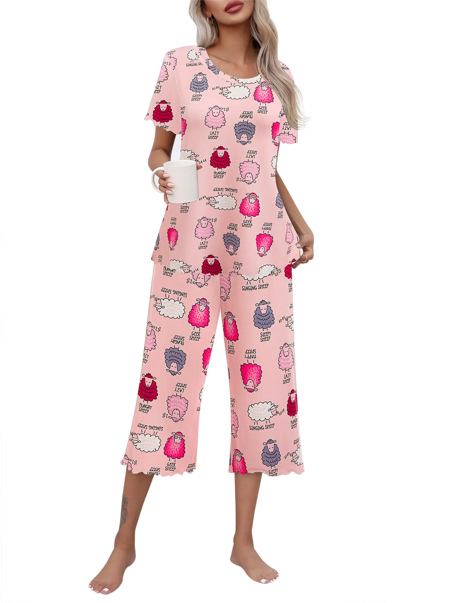 Ekouaer Women's 2-Piece Breathable Soft Polyester Floral Loungewear Set - Ladies' Short-Sleeve T-Shirt, Elastic Cropped Pants, Airy Fit Pajamas Sets for Casual Sleepwear, Pj Sets For Women