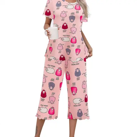 Ekouaer Women's 2-Piece Cute Funny Print Pajamas Set - Breathable Soft Polyester Short-Sleeve Top, Elastic Cropped Pants, Comfy Cozy and Cute Loungewear Nightwear