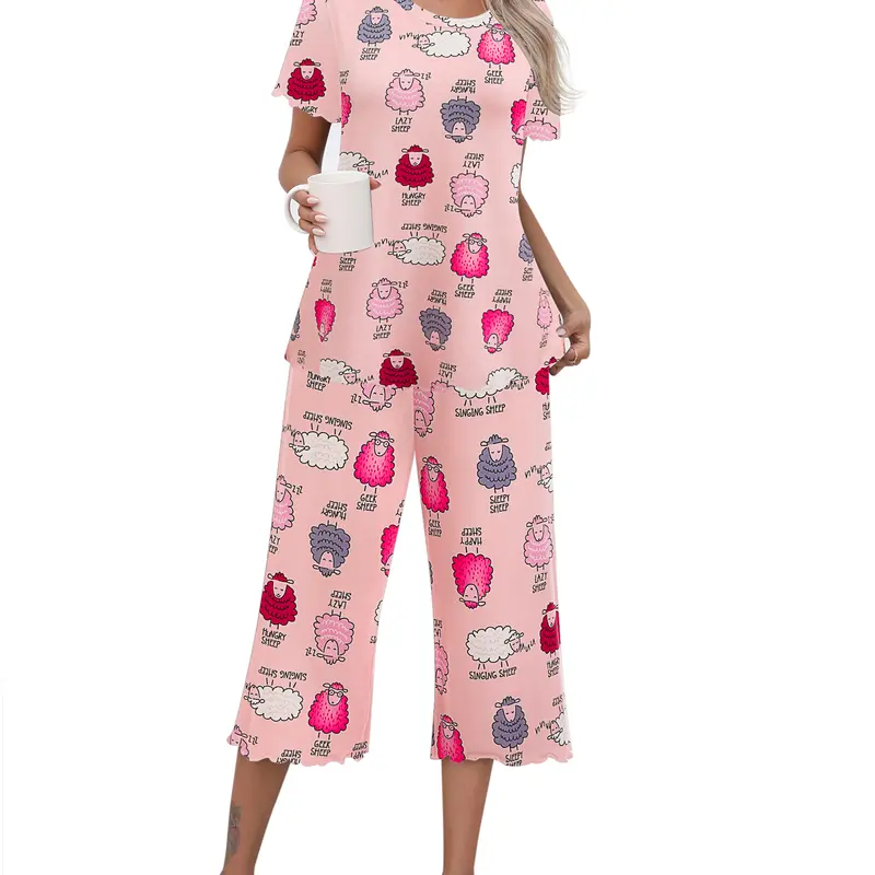 Ekouaer Women's 2-Piece Cute Funny Print Pajamas Set - Breathable Soft Polyester Short-Sleeve Top, Elastic Cropped Pants, Comfy Cozy and Cute Loungewear Nightwear