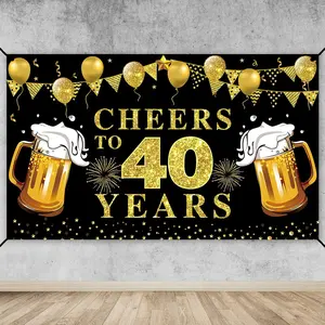 Large Cheers to 40 Years Banner Backdrop, Black Gold Happy 40th Birthday Decorations Supplies, 40th Anniversary Poster Sign Decor(72.8 x 43.3 Inch)