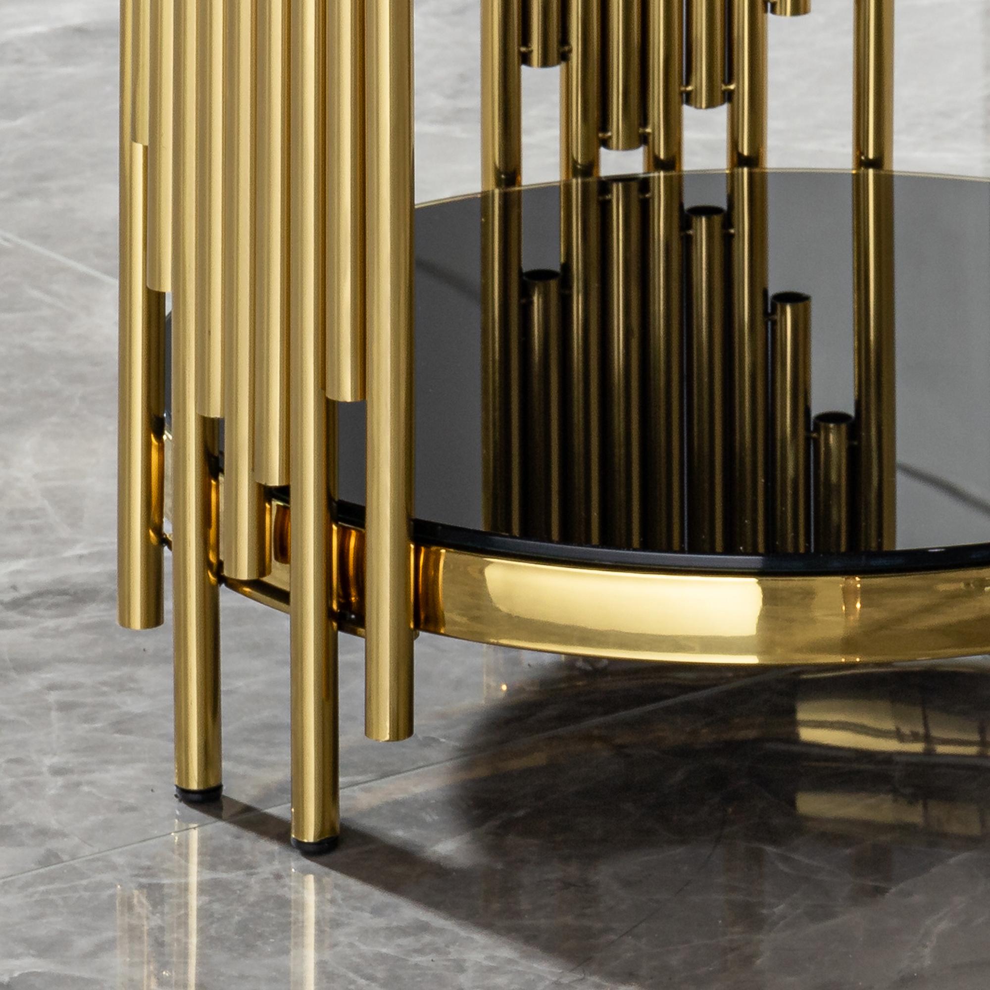 NYUN Round Tempered Glass Coffee Table - Mirror Gold Stainless Steel Multi-Functional Table​