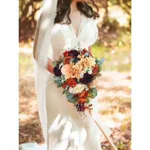 Rinlong 11 inch wide Terracotta Burgundy Cascading Bridal Bouquet