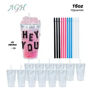 AGH US [New Arrived] 16 OZ Double Wall Plastic Tumblers with Clear Color Lid Snow Globe Acrylic Cups Water Bottles for Crafty DIY Glitter Gifts