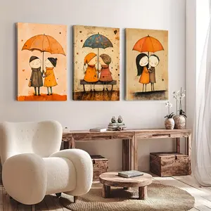 3pcs Set Canvas Art with Frame - Cute Couple with Umbrellas, Orange & Brown Cartoon Characters, Modern Wall Decor for Living Room, Office, Cafe, Perfect Gift for Birthdays, Holidays, Valentine'S Day, Easter, Canvas Wall Art