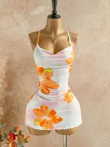 Summer Beach Party Fashion Casual Women's Dress, Fitted, Ruffle Hem Design, Random Print, Perfect for Daily Wear