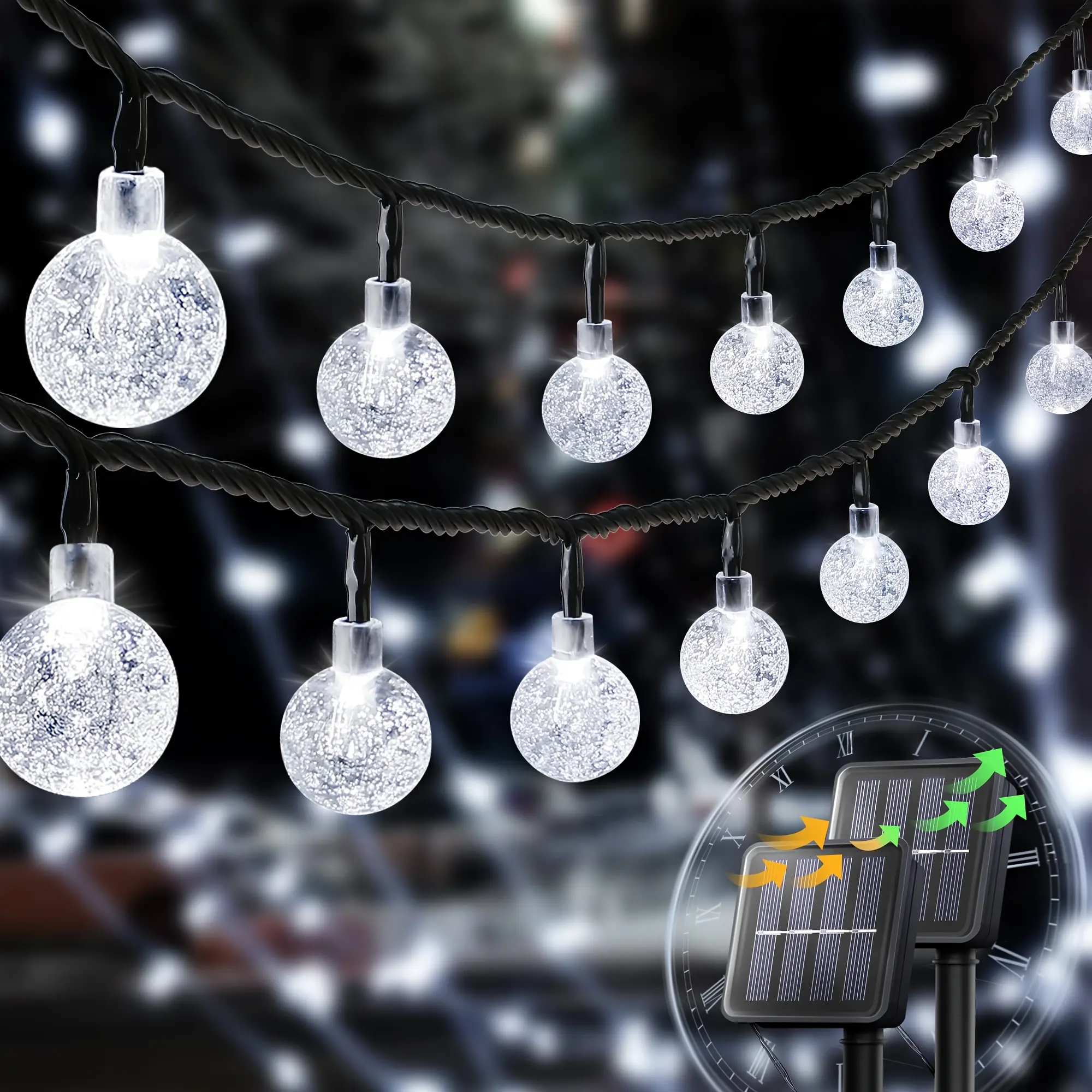 2 packs (total 200 LEDs), crystal ball solar string lights—super bright outdoor lights, 8 lighting modes, waterproof solar courtyard pendant light suitable for gardens, courtyards, porches, weddings, and party decorations (white).