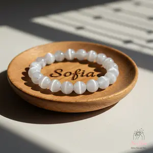 Sofia Natural Selenite Stone Beaded Bracelet 8mm Clear Crystal Cat's Eye Gemstone Stretch Boho Style for Daily Use Handmade Elastic Cord