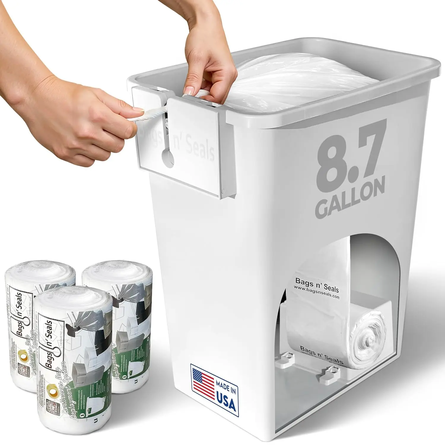 Bags n' Seals 8.75 Gallon Trash Can Under Sink with Hermetic Sealing System, Built-In Bag Dispenser, Pull Out Waste Basket for Kitchen Cabinet, Bathroom & Office, Includes 120 Scented Bags,Made in USA