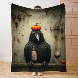 1PC Halloween CrowPrint Flannel Blanket Beautiful and Comfortable Warm Nap Blanket for Sofa, Bed, Office, Car, Camping Travel Blanket, Home Decoration - Four Seasons Gift