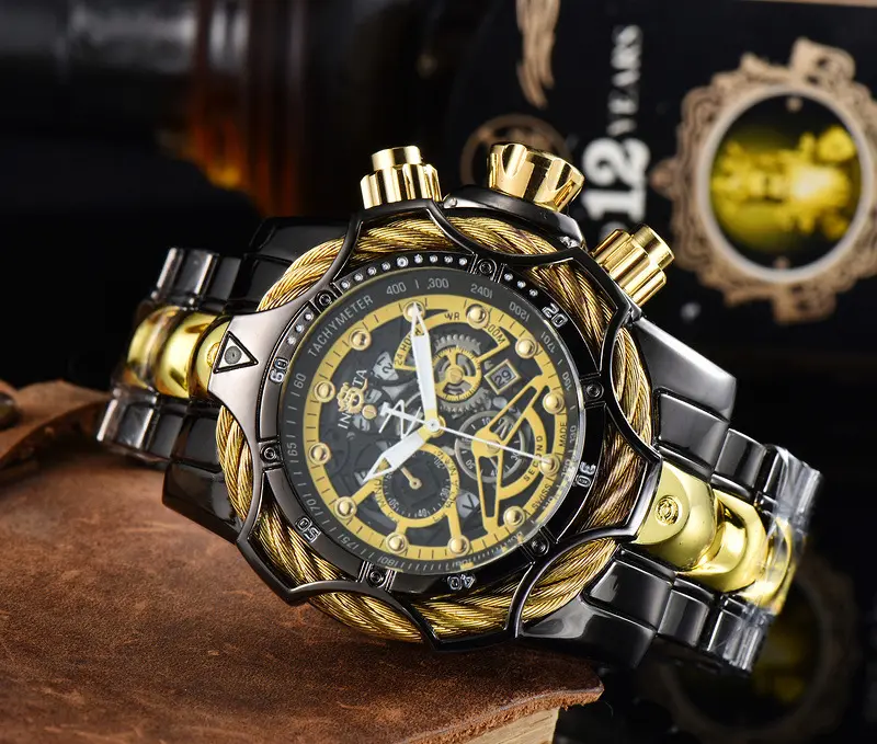 Men's Skeleton Chronograph Watch Black Gold Tone Large Dial Men's Quartz Watch with Cable Bezel Black Gold Tone Men's Business Casual Wristwatch Stylish Skeleton Dial Men's Chronograph Watch