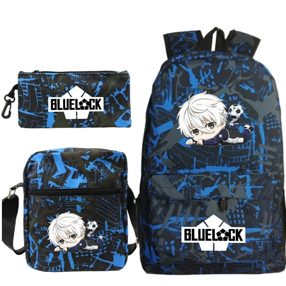 Men's Blue Lock 3-Piece Anime Backpack Set - Large Capacity Waterproof Rucksack, Pencil Case, Crossbody Bag for Teens