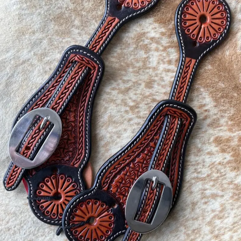 Pair Top Grain Basketweave Tooled Leather Western Tooled Spur Straps