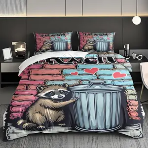 2/3 PCS Raccoon,trash Can Duvet Cover Set, Soft,breathable 100% Polyester, Soft High-definition Digital Printing, Suitable For All Year Round! Perfect Gift, Suitable For Family,friends, Machine Washable (1 Duvet Cover +1/2 Pillowcase, No Filling)
