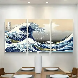 3pcs Japanese Style Canvas Material Print Posters Waves of Kanagawa Wall Art Paintings Living Room Bedroom Hallway Kitchen Wall Decors