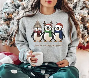 Just A Merry Penguin Christmas Sweatshirt/T-shirt/Hoodie, Holiday Penguin Shirt, Winter Penguin Graphic Tee, Cozy Christmas Outfit, Unisex Sweater Pullover Tee