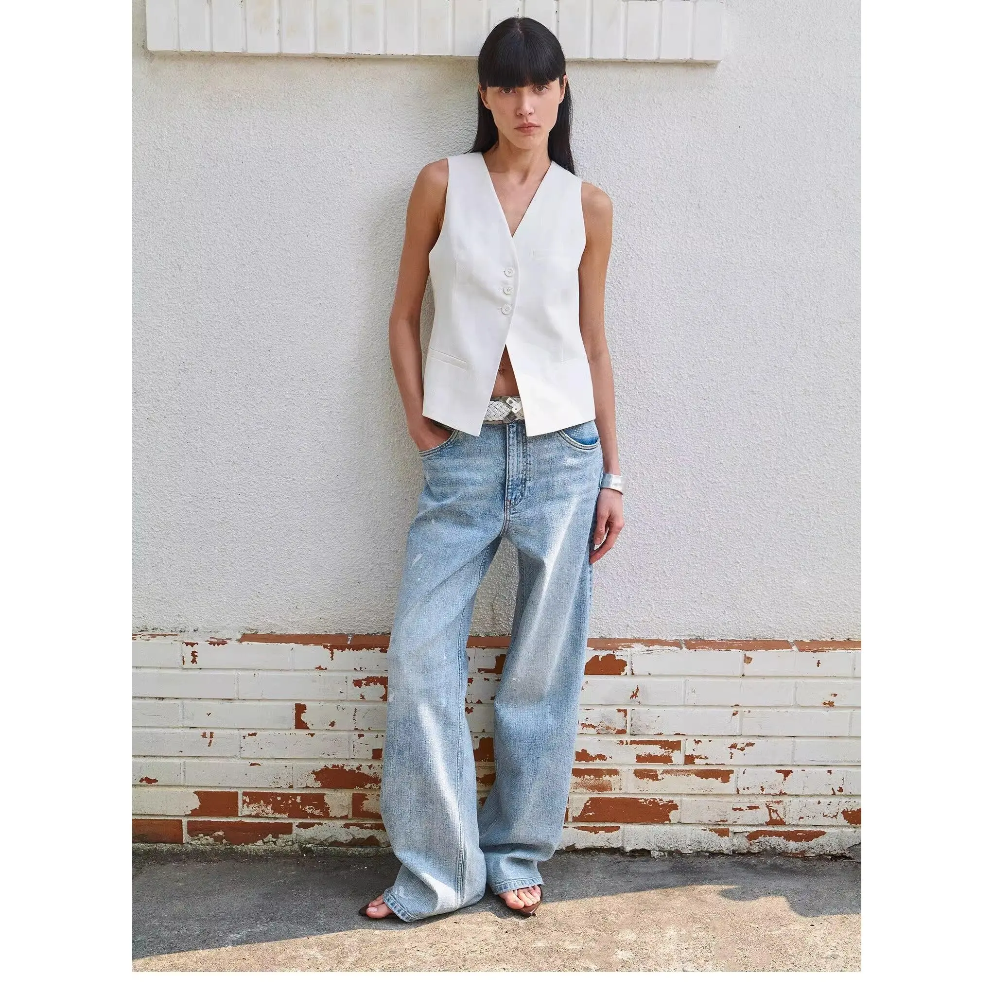 “Art Journey” Distressed Dirty-Dyed Tencel Cotton Jeans with Hot-Fixed Sequins