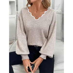 New Women's Floral Yarn Color-Block Back Ribbon Bow Design French Elegant Pullover Sweater Fashion Casual Lantern Long Sleeve Drop Shoulder Loose Comfortable Women's Autumn Winter Knitted Top