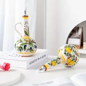 Ceramic Oil Bottle, Hand-Painted Floral Design, Leak-Proof, Durable, Stylish Kitchen Decor, Perfect for Olive Oil, Vinegar, Condiments