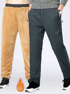 Men's Letter Embroidery Thermal Lined Zipper Pocket Pants, Regular Fit Casual Comfy Warm Drawstring Waist Straight Leg Trousers for Fall & Winter, Men's Bottoms