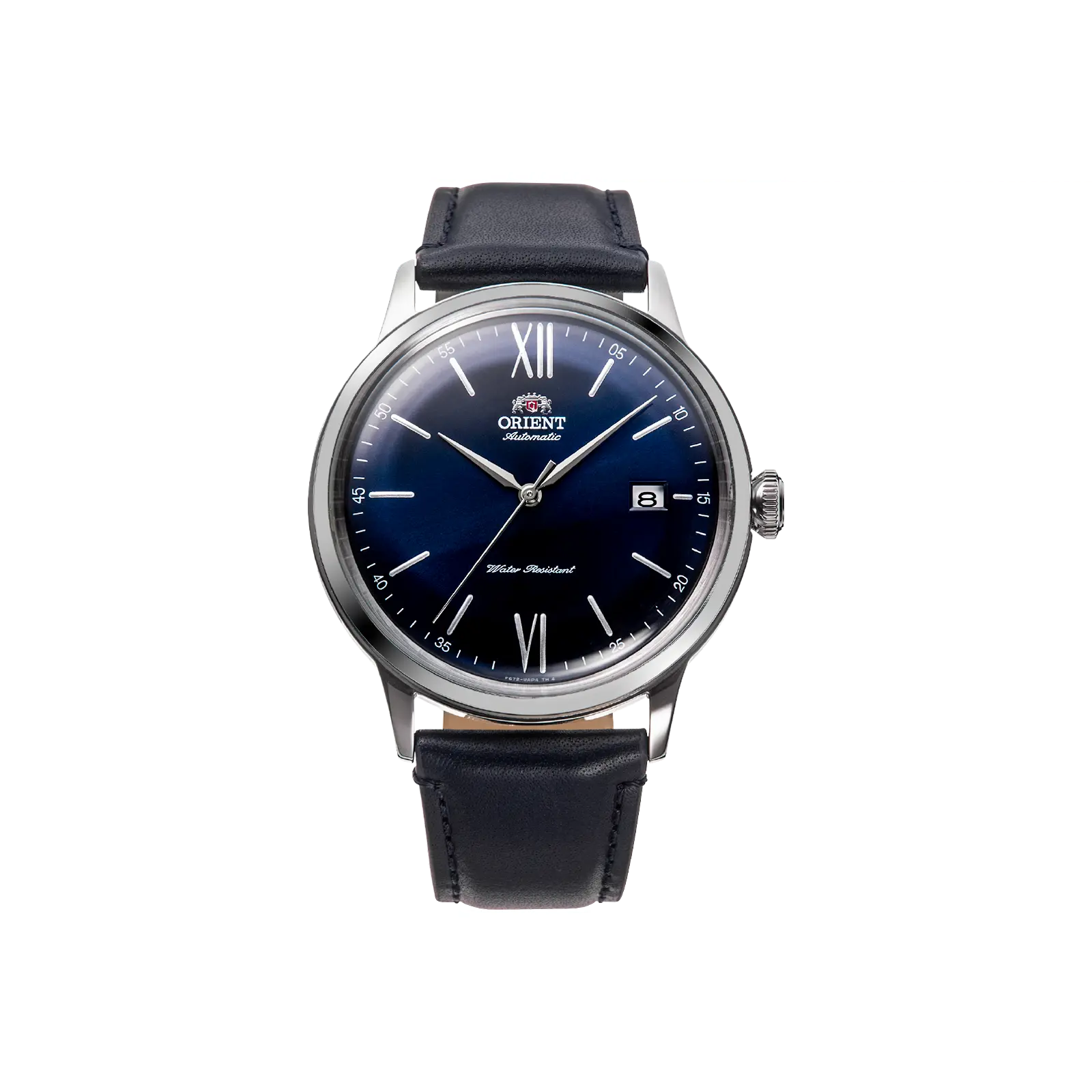 Orient Bambino V6 Unisex Modern Basic Stainless Steel Dress Watch with Automatic Mechanical Movement, 40.5mm Blue Dial, Calendar and Leather Band