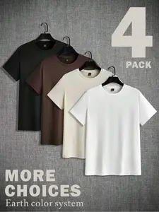 4-Pack Earth Tone Basic T-Shirts, Set, Crewneck Ultra-Soft Cotton Tees, Casual Daily, Versatile Outfit, Minimalist Style, Men's Fashion 2025, EarthToneWear, Streetwear, SummerEssentials, Short Fitted Top
