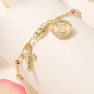 Bracelet Jewelry Viral Womens Gold Charm Wristband Three Color Octagon Bead Micro Paved Luxe Bracelet Stackable Cross Heart Beaded Wrist Accessory Micro Inlaid Glossy High End Elegant Perfect Valentine Gift Daily Dating Party Wear