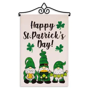 G128 Combo Pack Garden Flag Hanger 14IN & Garden Flag Happy St. Patrick's Day 3 Leprechaun Gnomes 12x18IN Printed Double Sided Burlap Fabric
