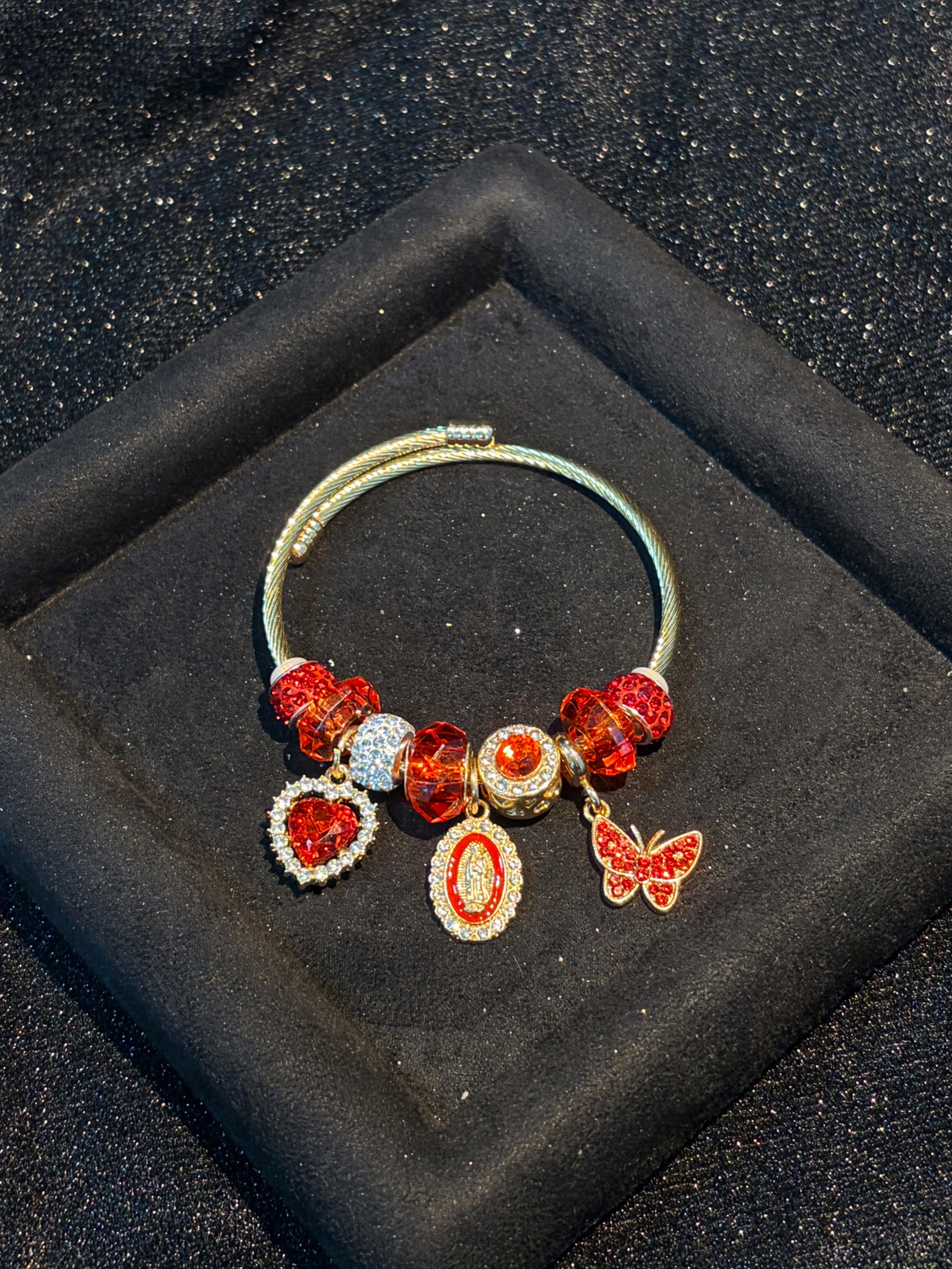 Women's Gold-Tone Virgin Mary Butterfly Heart Charm Adjustable Wire Cuff Bangle - Open Bracelet with Sparkling Crystal Beads-Pink, Red, Religious Costume Jewelry Gift Women's Gold-Tone Virgin Mary Butterfly Heart Charm Adjustable Wire Cuff Bangle - Open Bracelet with Sparkling Crystal Beads-Pink, Red, Religious Costume Jewelry Gift