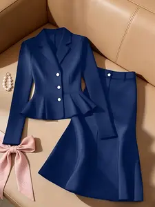 2-Piece Women's Fashionable New Blue Lapel Long Sleeve Waist-cinching Fitted Blazer with Pleated Hem and Half-length Skirt Set, Business Suits, Matching Suits, Suitable for Spring and n, Commuting and Daily Wear, Elegant Chic Lady Womenswear