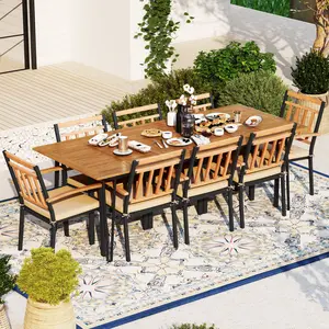 COSTWAY - 9 Pieces Patio Dining Outdoor Furniture Set with 8 Chairs and Umbrella Hole