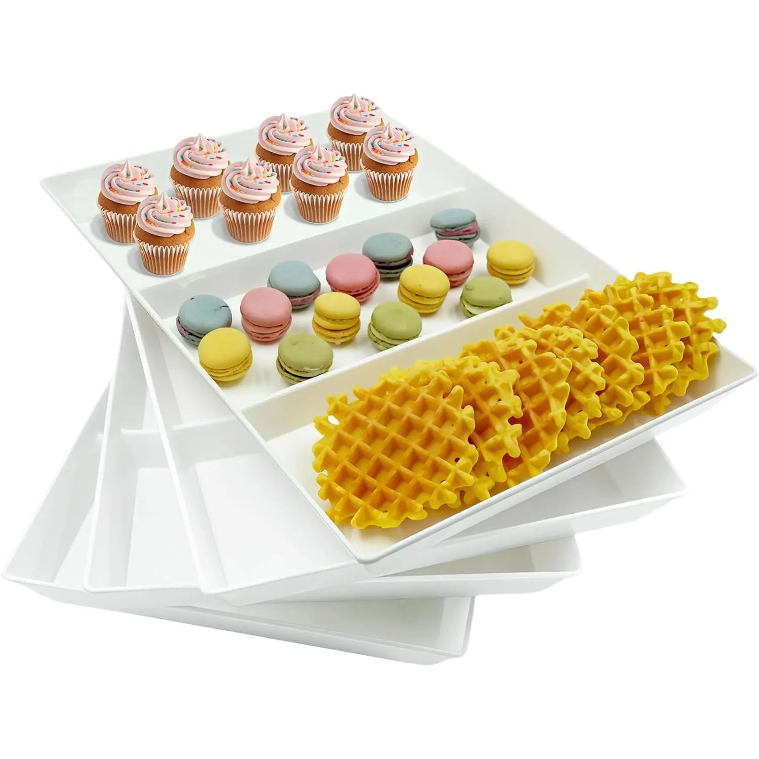 Divided Serving Tray Platter, 4 Pack 15" x 10" Fruit Veggie  Tray for Party, Plastic Serving Trays for Appetizer, Snack, Dessert, Cookie, Brunch Decorations Platters, White Trays